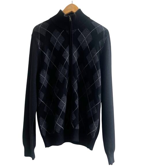 Banana Republic Merino Fine Wool Argyle Sweater Size Medium Black Gray Mock Neck - Picture 1 of 11